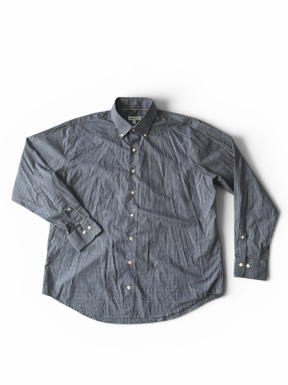 Peter Millar mens XL gray blue check gingham button up casual oxford shirt EUC